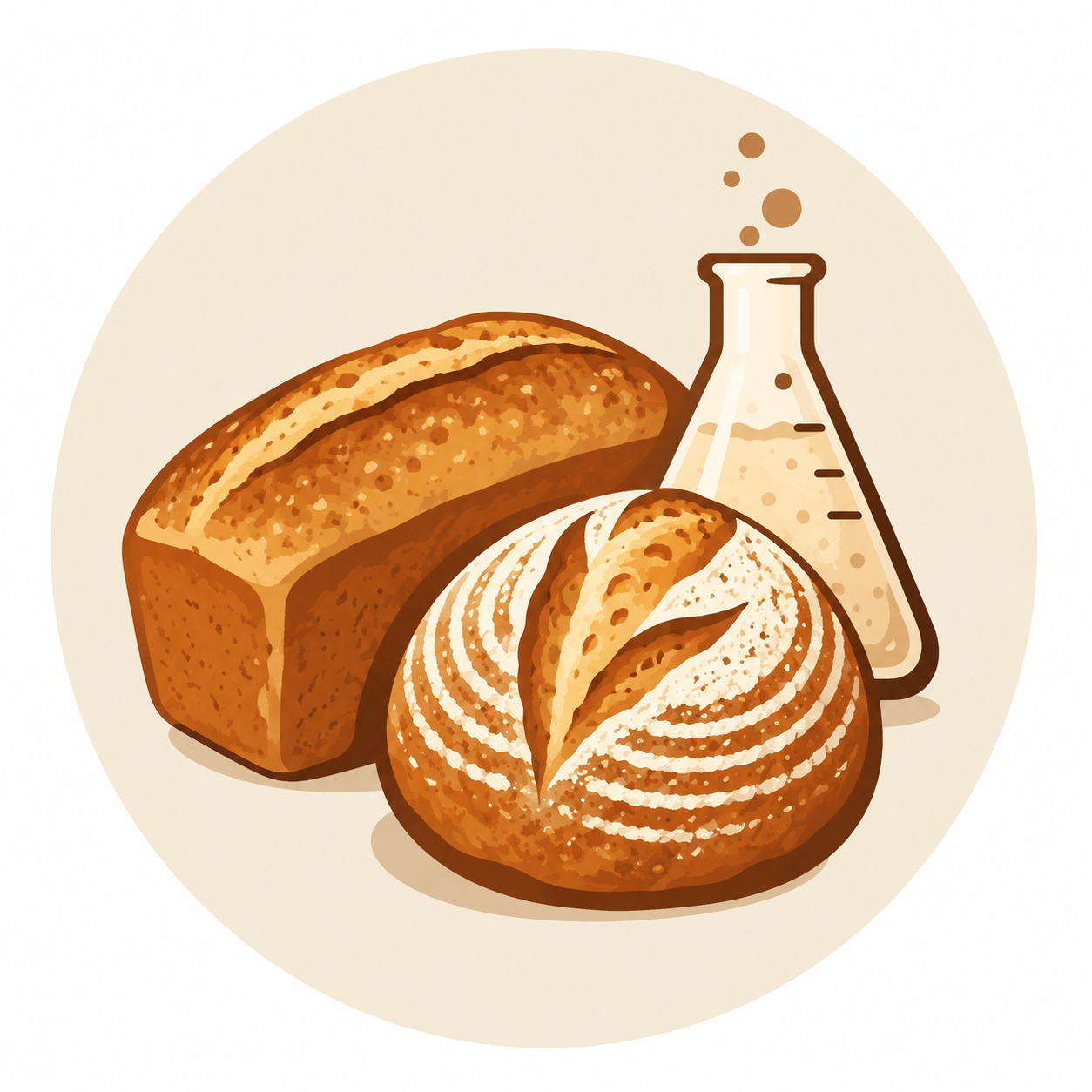 Sourdough Lab emblem: a tin loaf, a scored sourdough boule, and a flask of bubbling starter